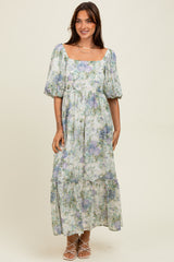 Lavender Floral Square Neck Puffed Sleeve Maxi Dress