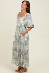 Lavender Floral Square Neck Puffed Sleeve Maxi Dress