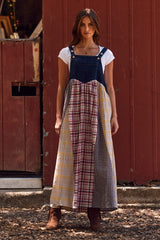 Multicolor Plaid Colorblock Denim Overall Maternity Dress