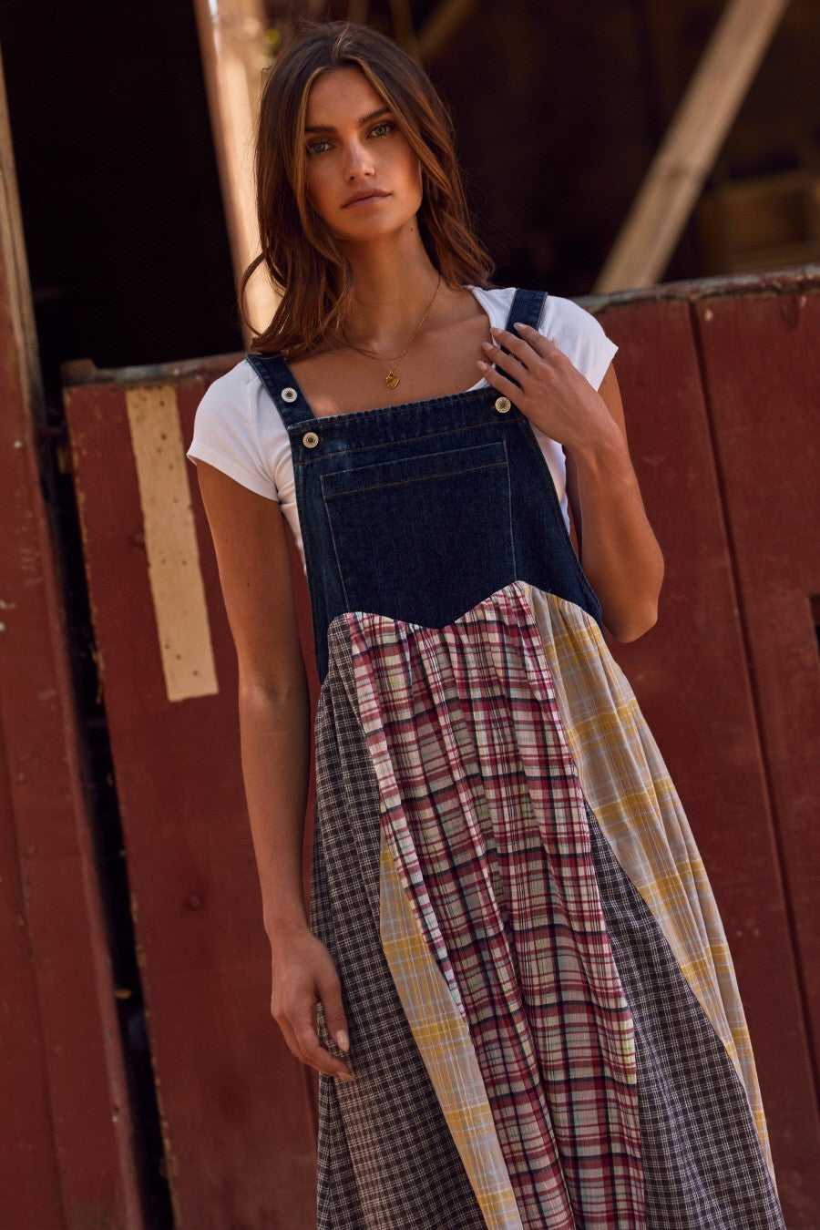 Multicolor Plaid Colorblock Denim Overall Dress