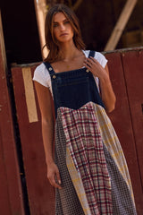 Multicolor Plaid Colorblock Denim Overall Dress
