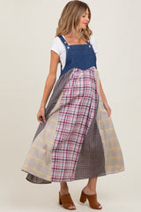 Multicolor Plaid Colorblock Denim Overall Maternity Dress