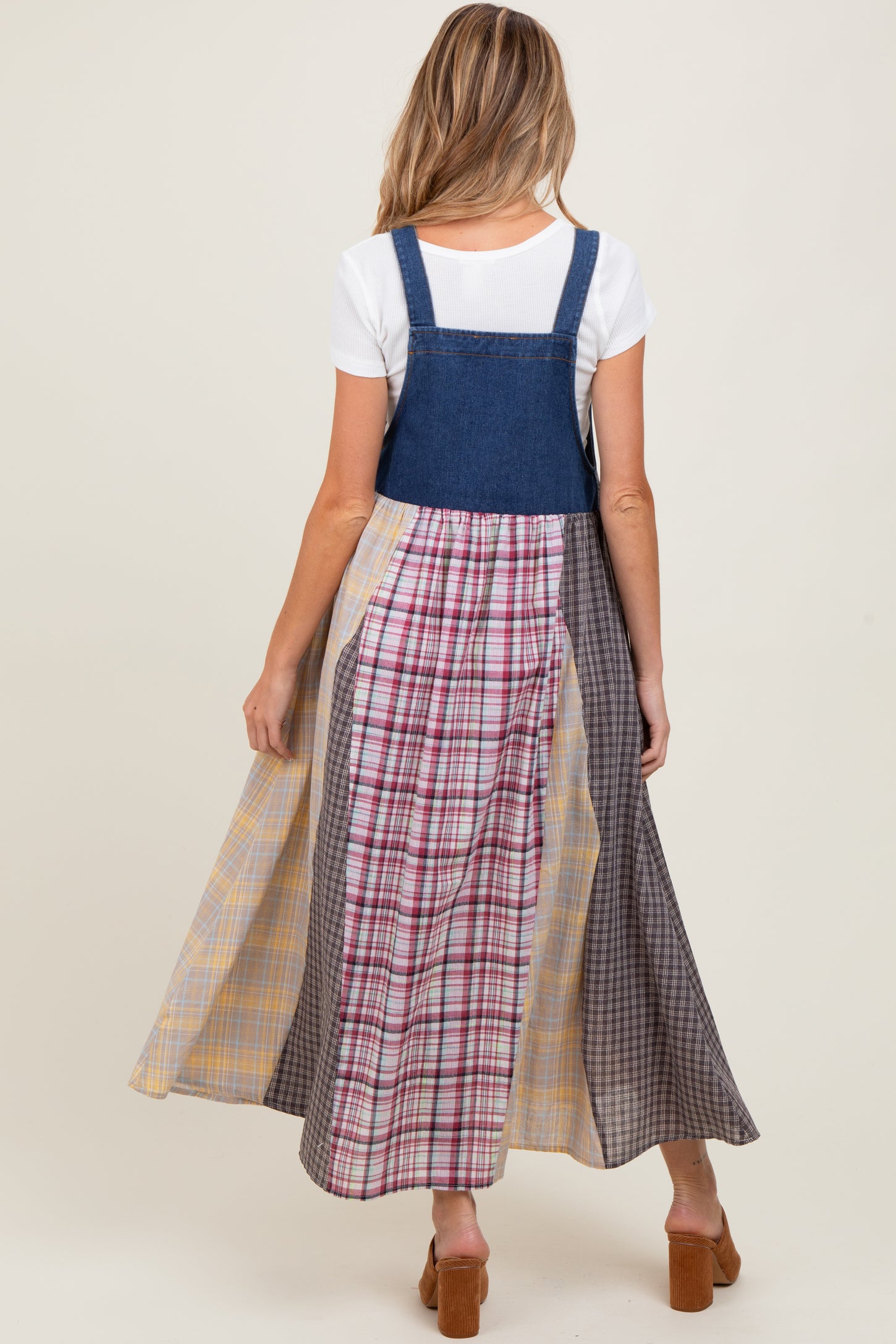 Multicolor Plaid Colorblock Denim Overall Maternity Dress