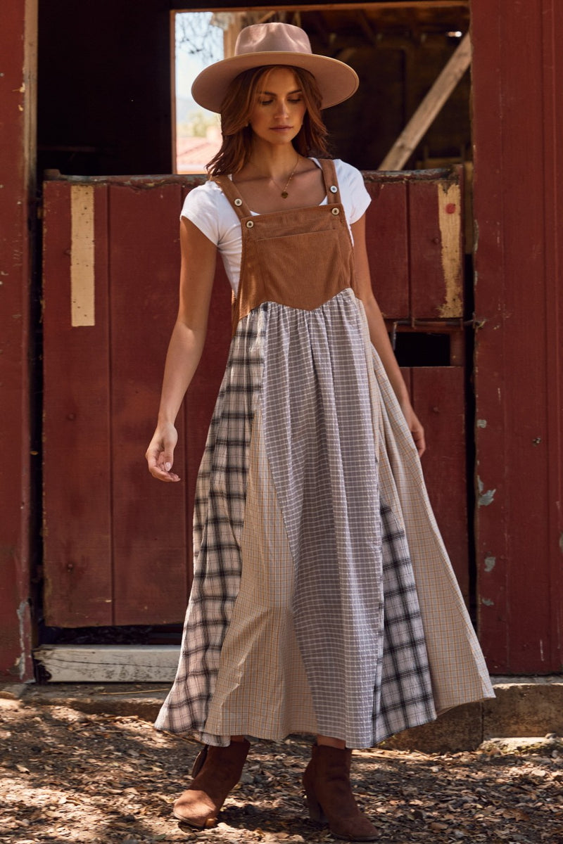 Mocha Multicolor Colorblock Plaid Denim Overall Dress – PinkBlush