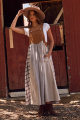 Mocha Multicolor Colorblock Plaid Denim Overall Dress