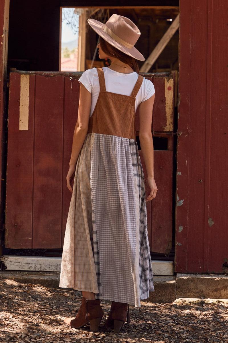 Mocha Multicolor Colorblock Plaid Denim Overall Dress Mocha Multicolor Colorblock Plaid Denim Overall Dress