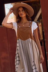 Mocha Multicolor Colorblock Plaid Denim Overall Dress