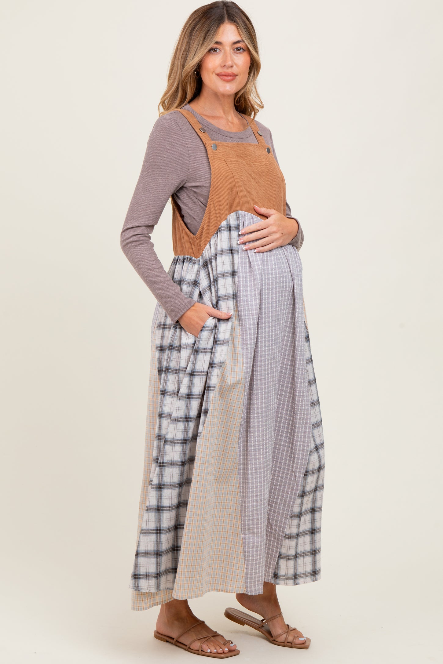 Mocha Multicolor Colorblock Plaid Denim Overall Maternity Dress