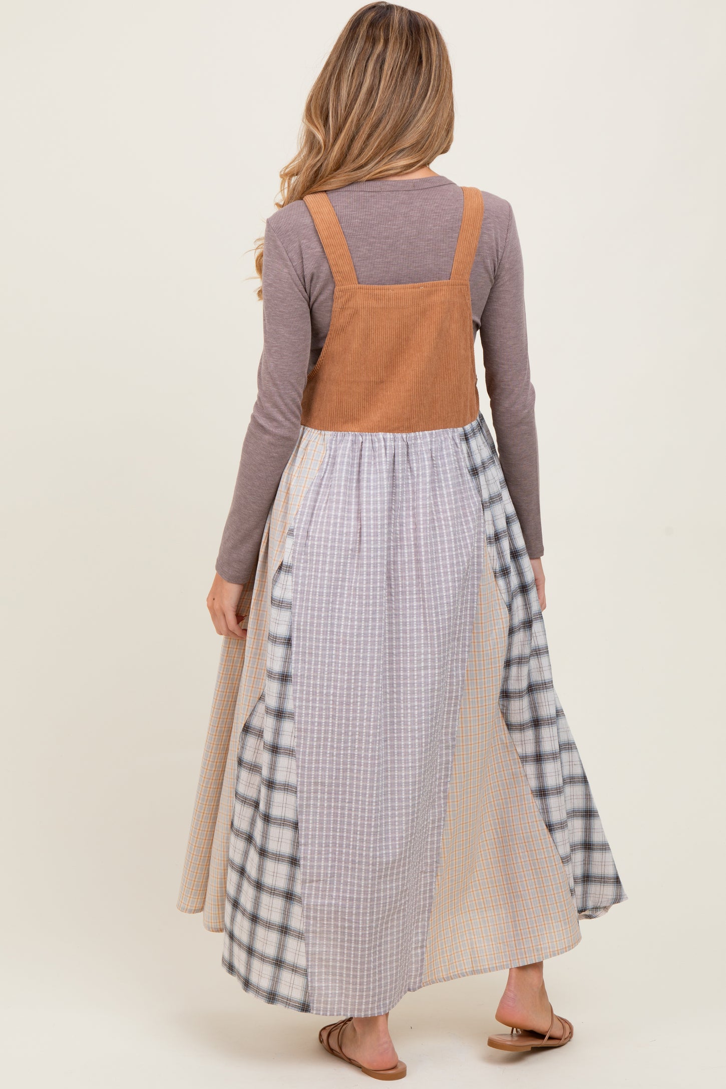 Mocha Multicolor Colorblock Plaid Denim Overall Maternity Dress – PinkBlush
