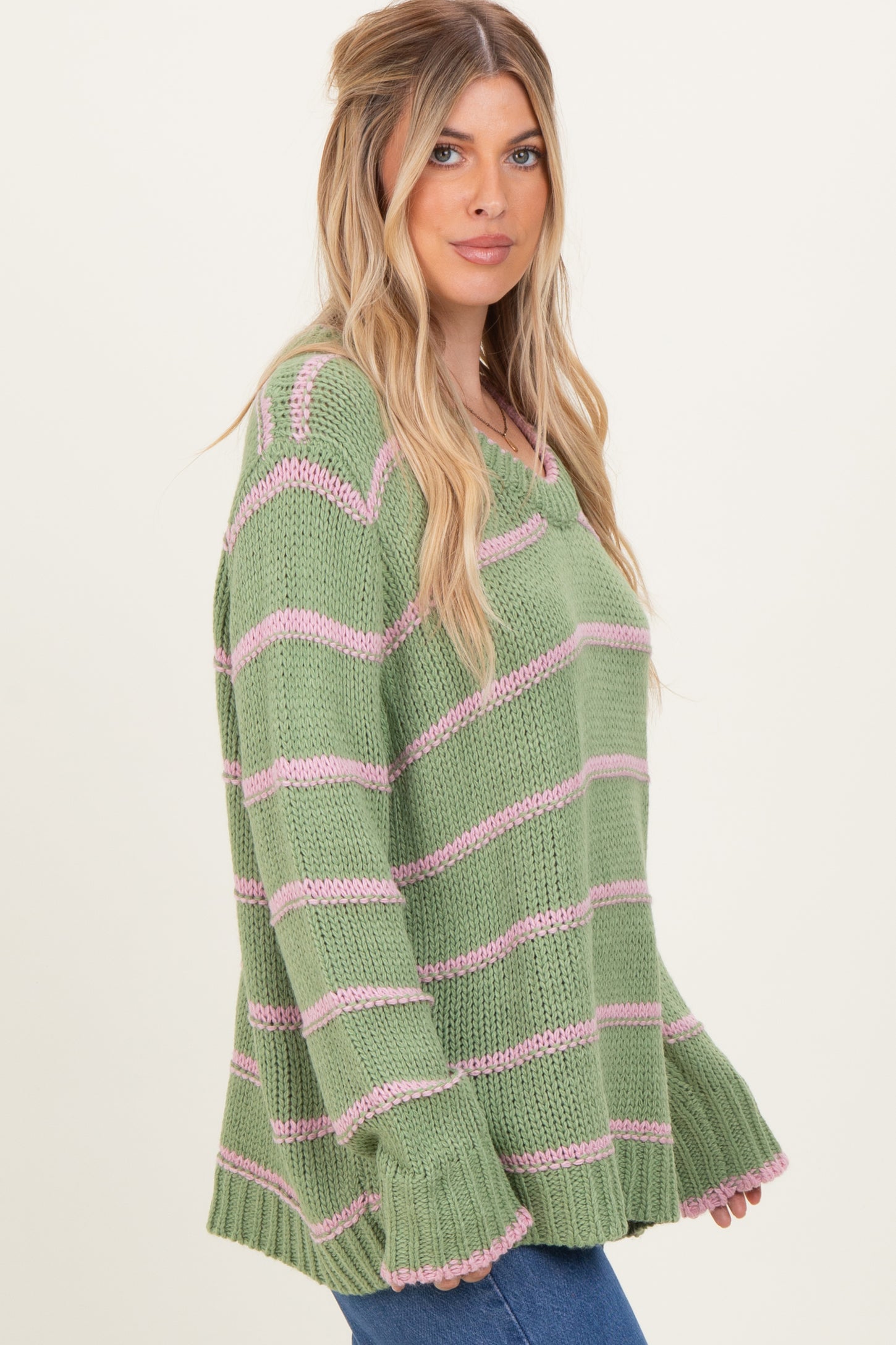 Light Olive Pink Striped Boxy Sweater