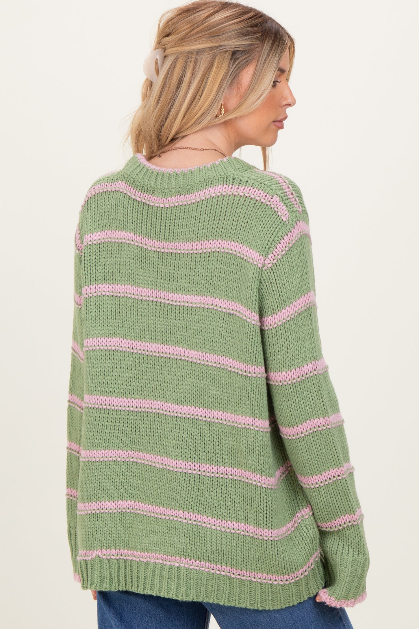 Light Olive Pink Striped Boxy Sweater
