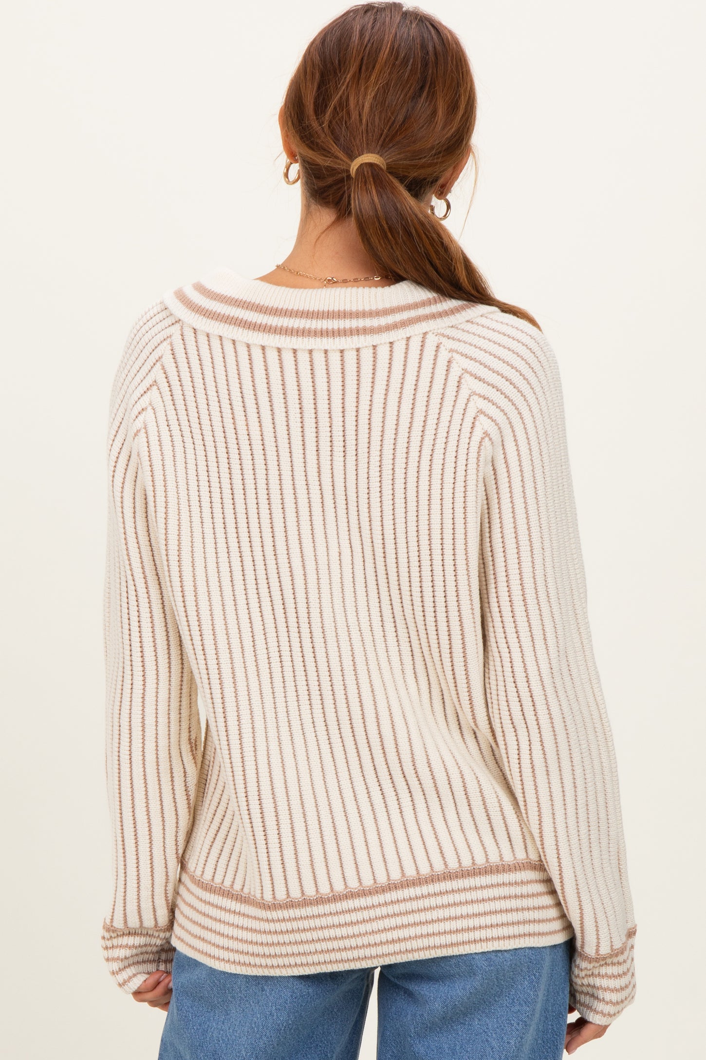 Cream Chunky Rib Striped Detail Polo Sweater