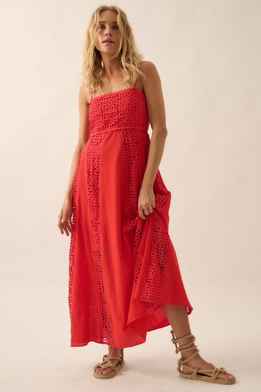 red crochet dress Cornflower Blue & Red Crochet Cooper Mini Dress Hyacinth House Cornflower Blue & Red / XL
