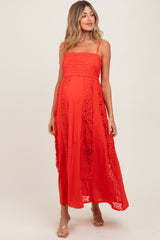 Coral Red Crochet Lace Paneled Maternity Maxi Dress