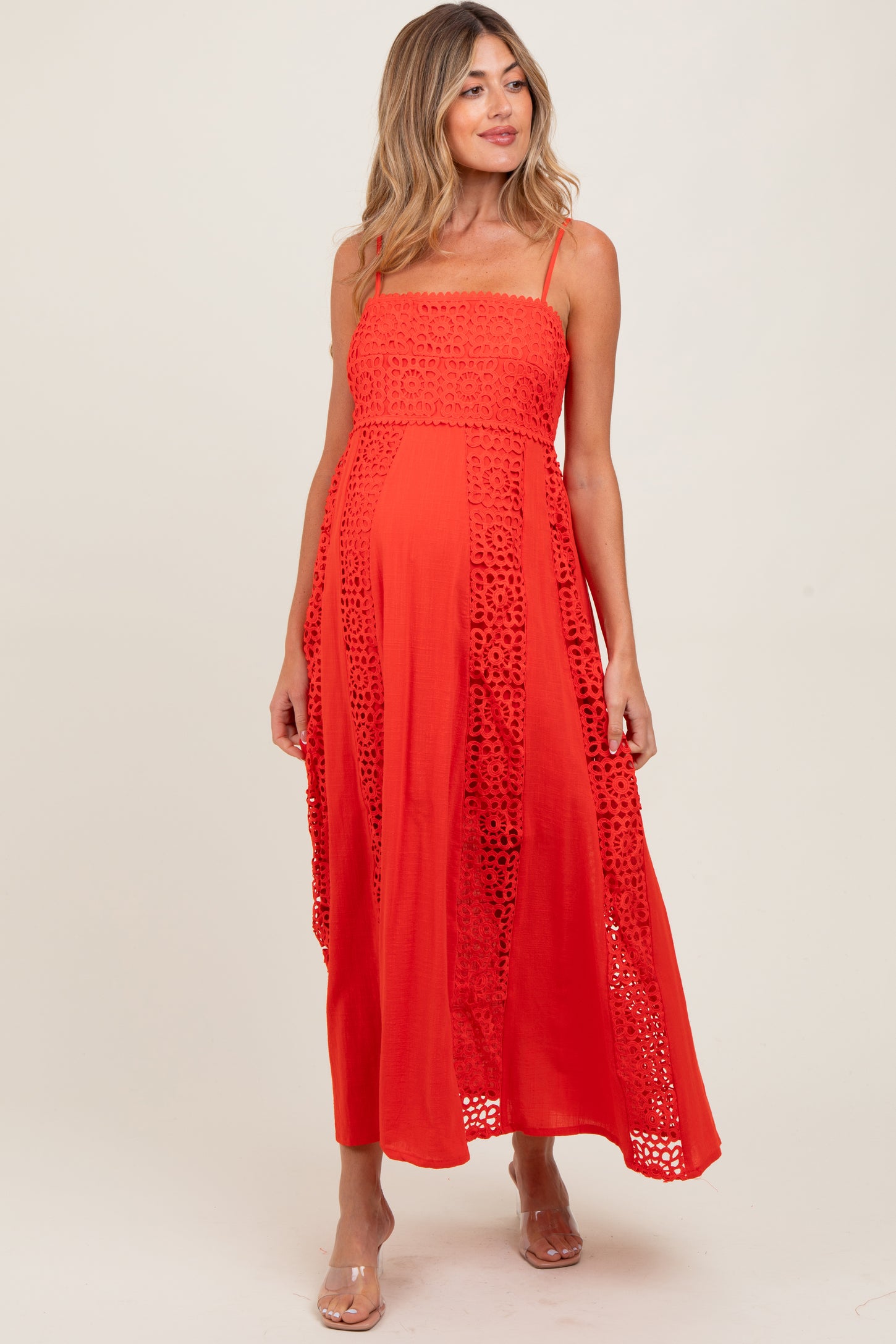 Coral Red Crochet Lace Paneled Maternity Maxi Dress PinkBlush Coral Red Crochet Lace Paneled Maternity Maxi Dress PinkBlush