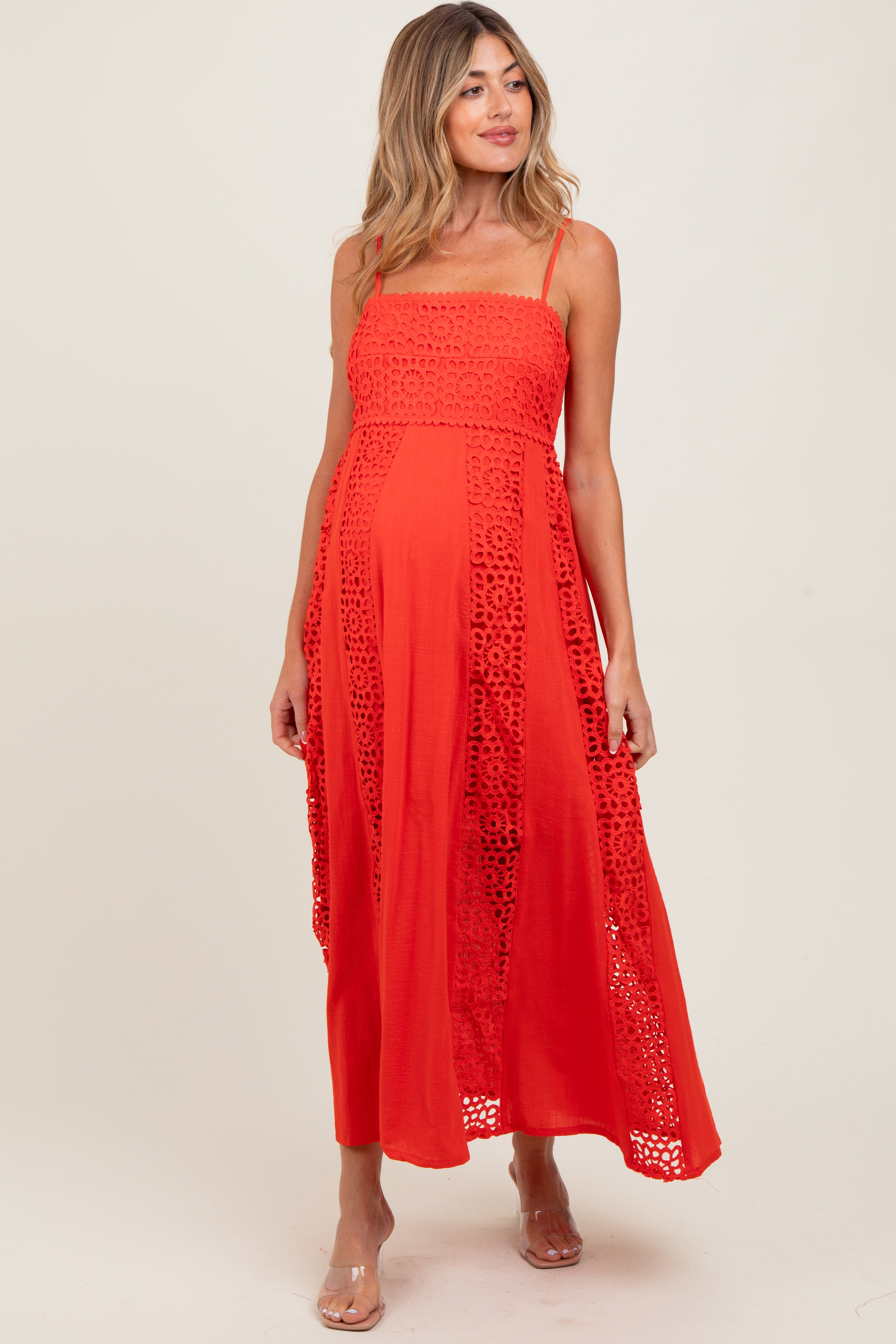 Coral Red Crochet Lace Paneled Maternity Maxi Dress  PinkBlush