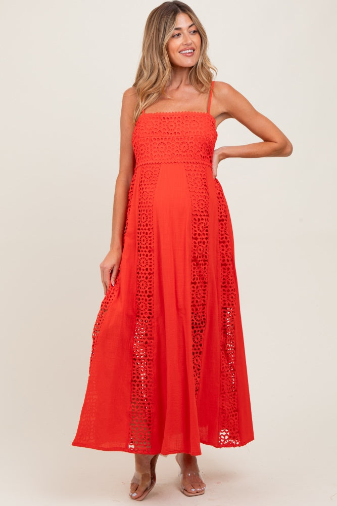 Coral Red Crochet Lace Paneled Maternity Maxi Dress
