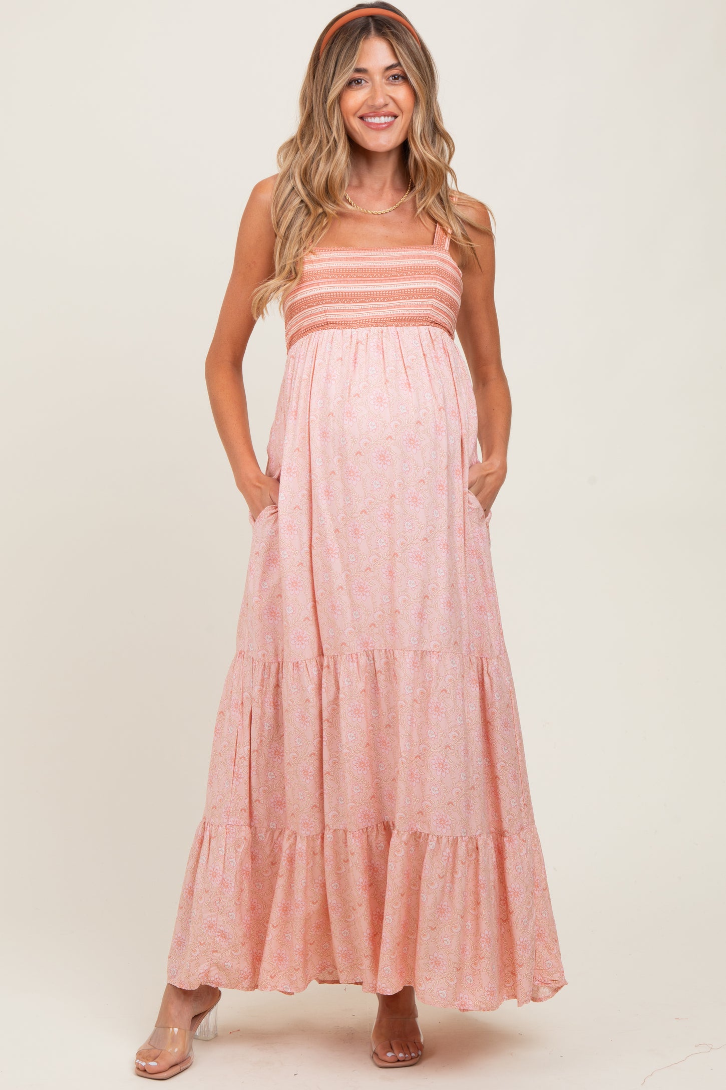 Pink Border Print Sleeveless Maternity Maxi Dress