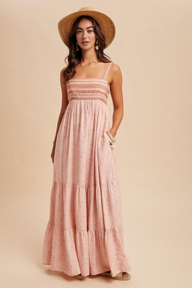 Pink Border Print Sleeveless Maxi Dress