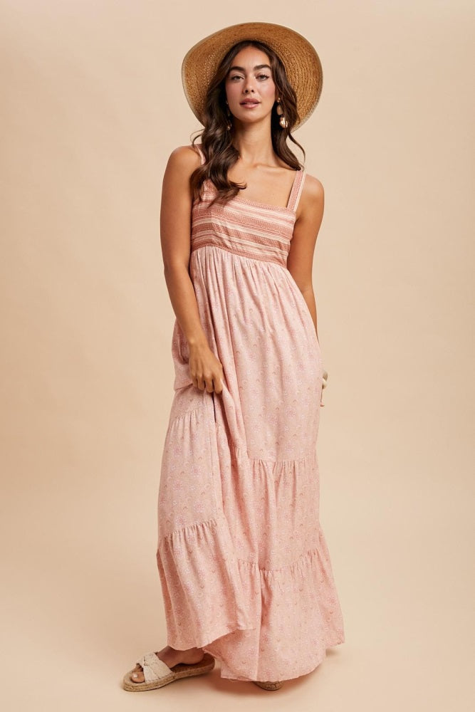 Pink Border Print Sleeveless Maxi Dress