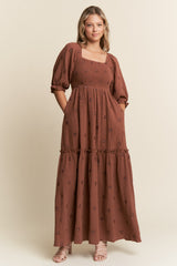 Brown Floral Smocked Puff Sleeve Maternity Maxi Dress