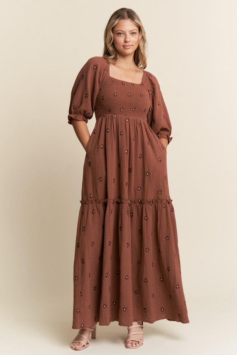 Brown Floral Smocked Puff Sleeve Maxi Dress – PinkBlush