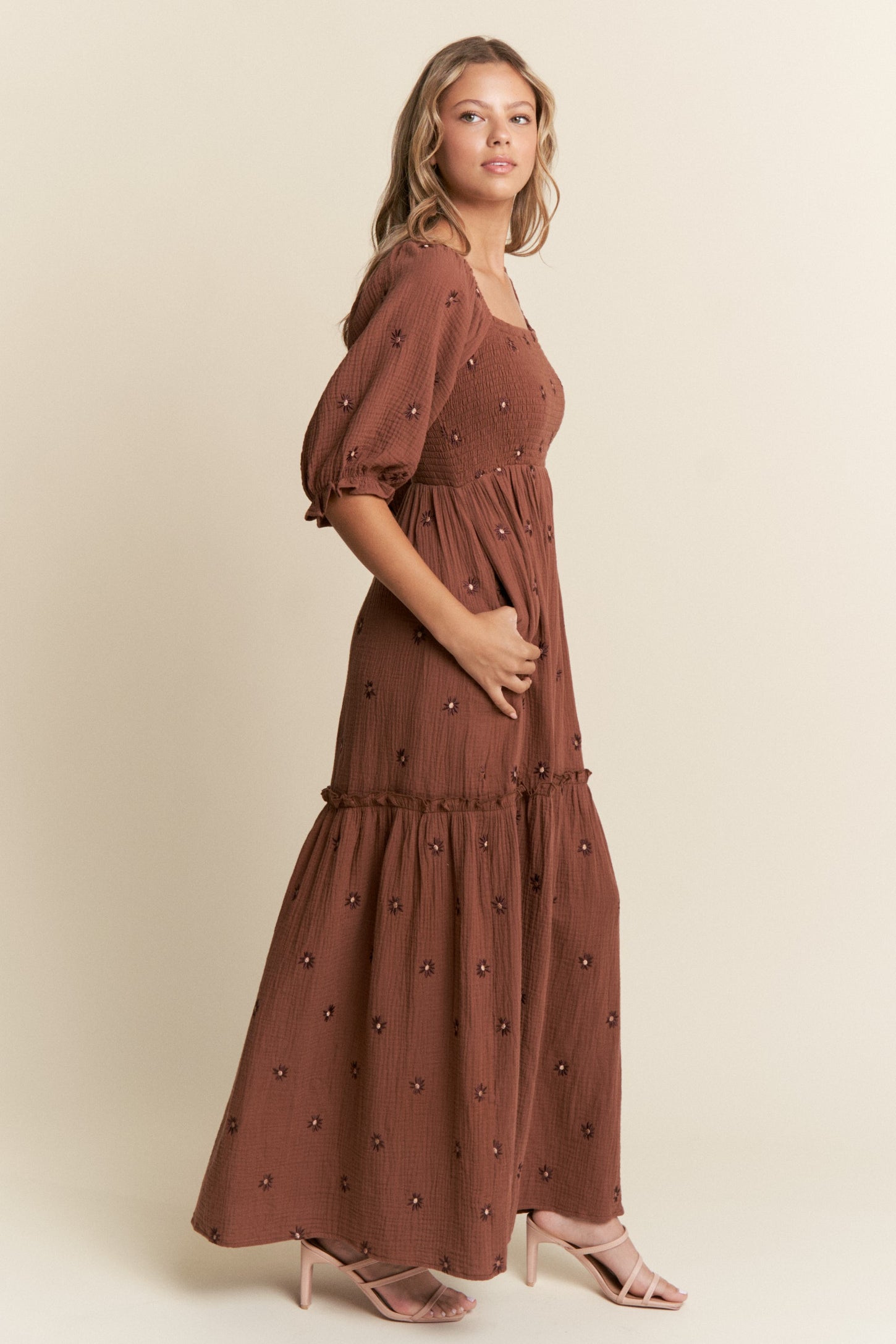 Brown Floral Smocked Puff Sleeve Maxi Dress