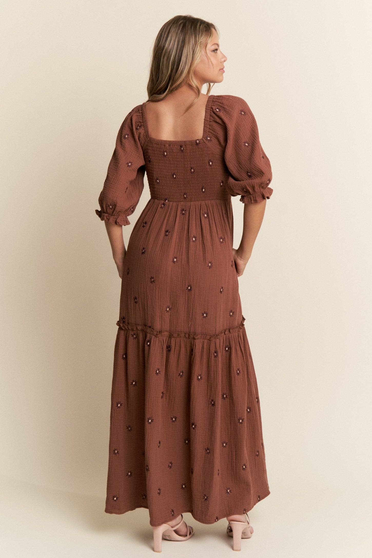 Brown Floral Smocked Puff Sleeve Maxi Dress