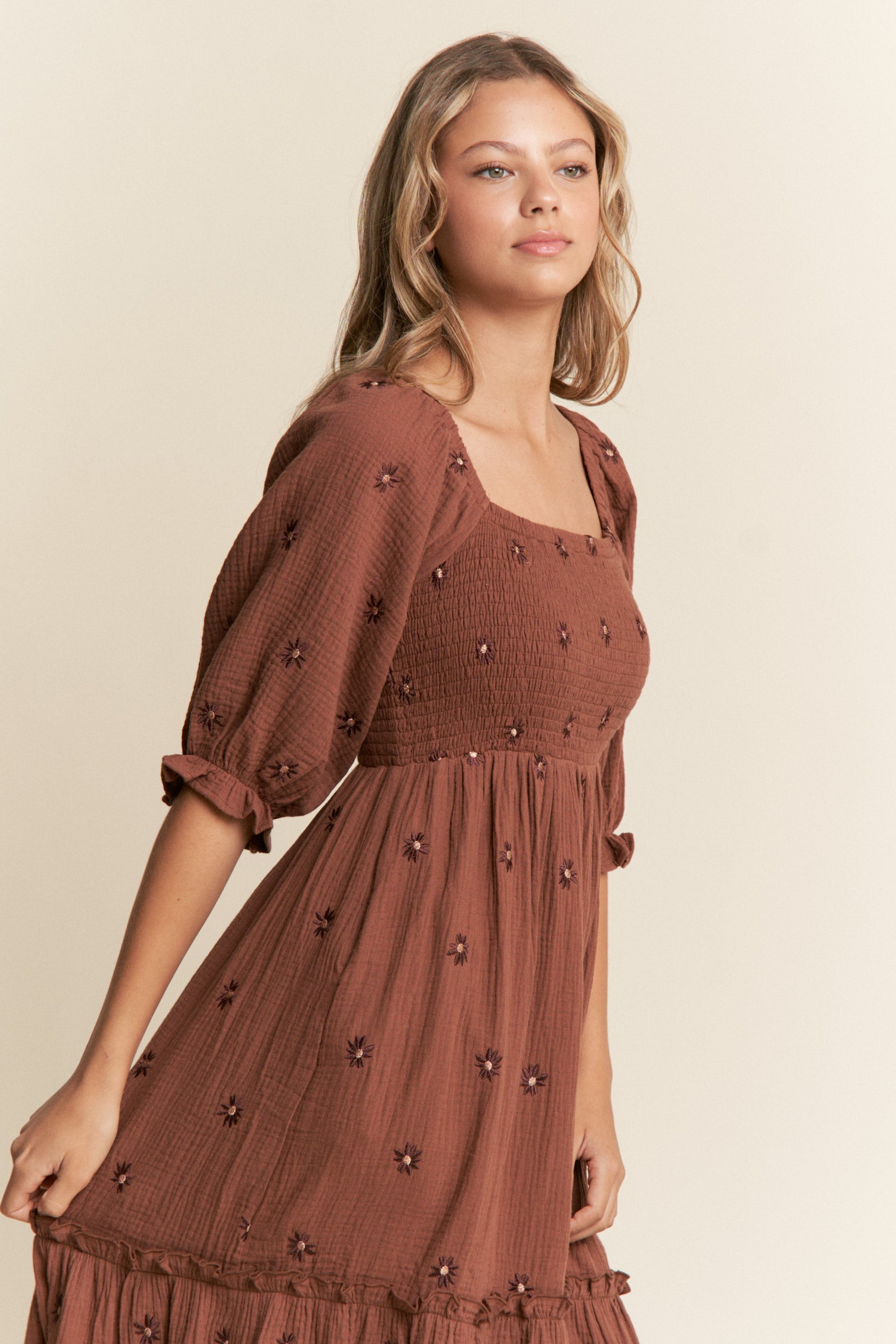 Brown Floral Smocked Puff Sleeve Maxi Dress – PinkBlush