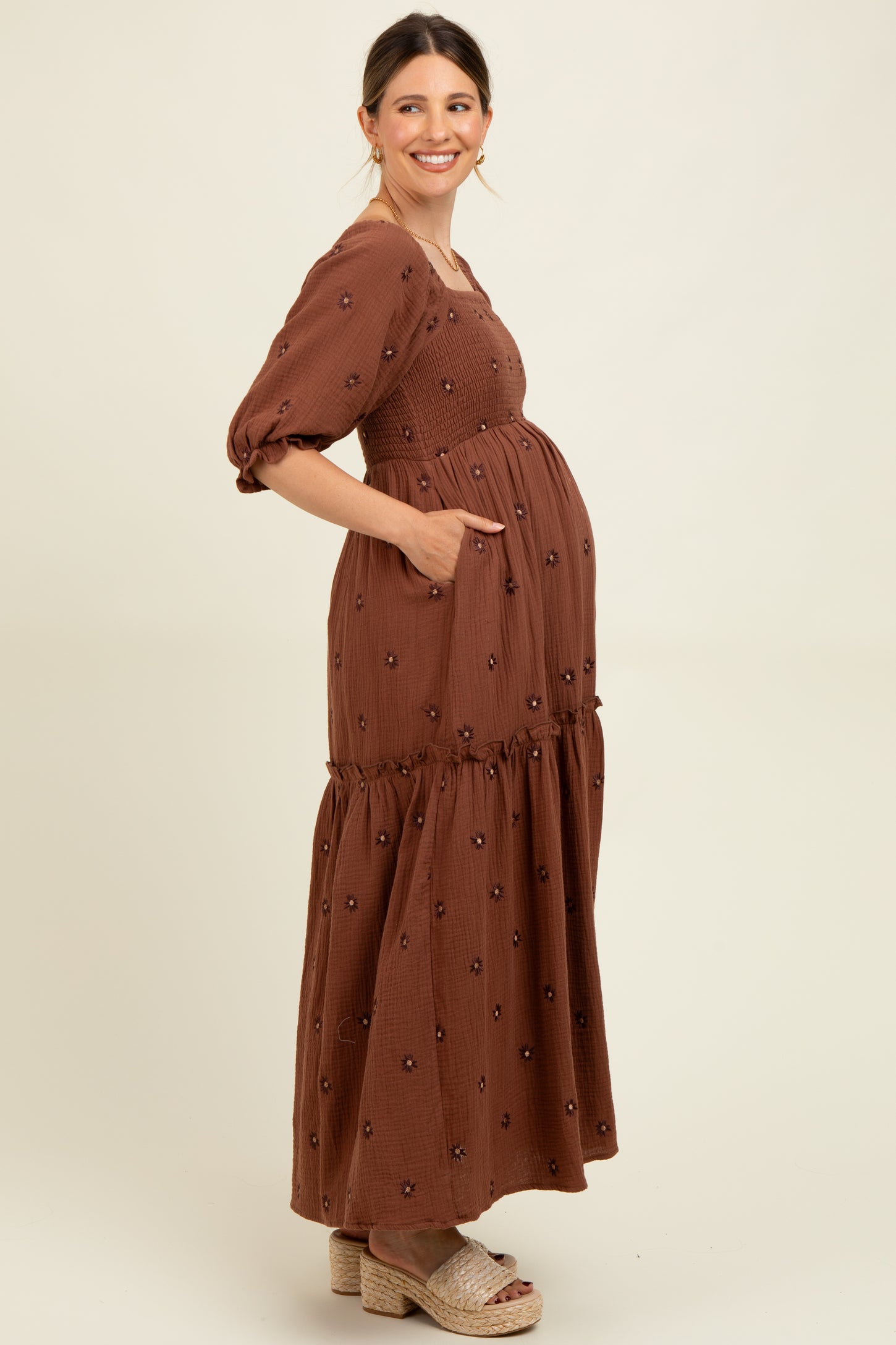 Brown Floral Smocked Puff Sleeve Maternity Maxi Dress – PinkBlush