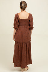 Brown Floral Smocked Puff Sleeve Maternity Maxi Dress