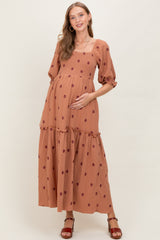 Rust Floral Smocked Puff Sleeve Maternity Maxi Dress