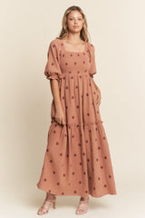 Rust Floral Smocked Puff Sleeve Maxi Dress