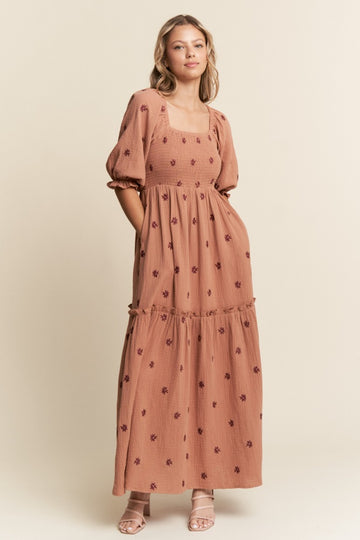 Rust Floral Smocked Puff Sleeve Maxi Dress