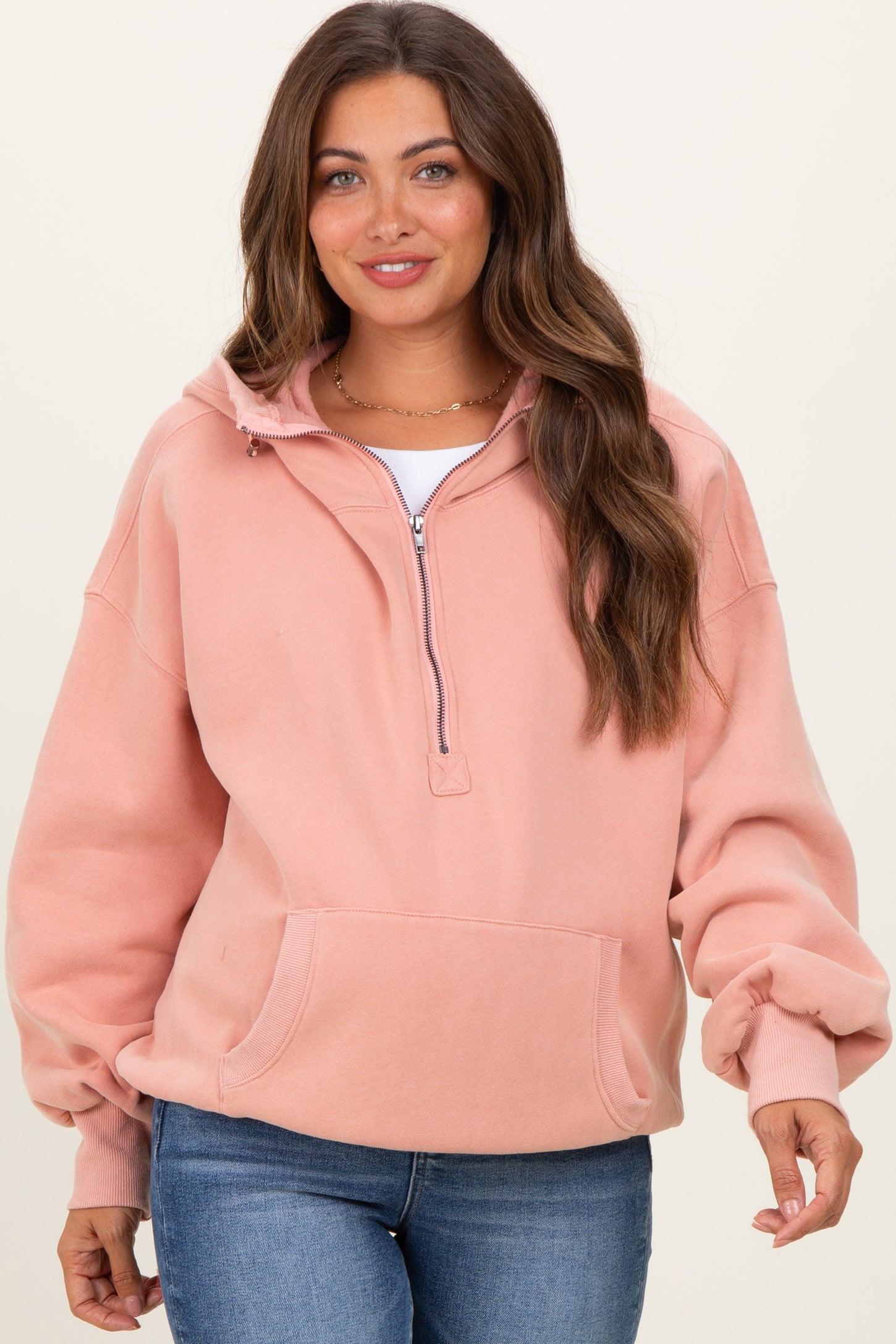 Peach Fleece Half Zip Drop Shoulder Maternity Hoodie