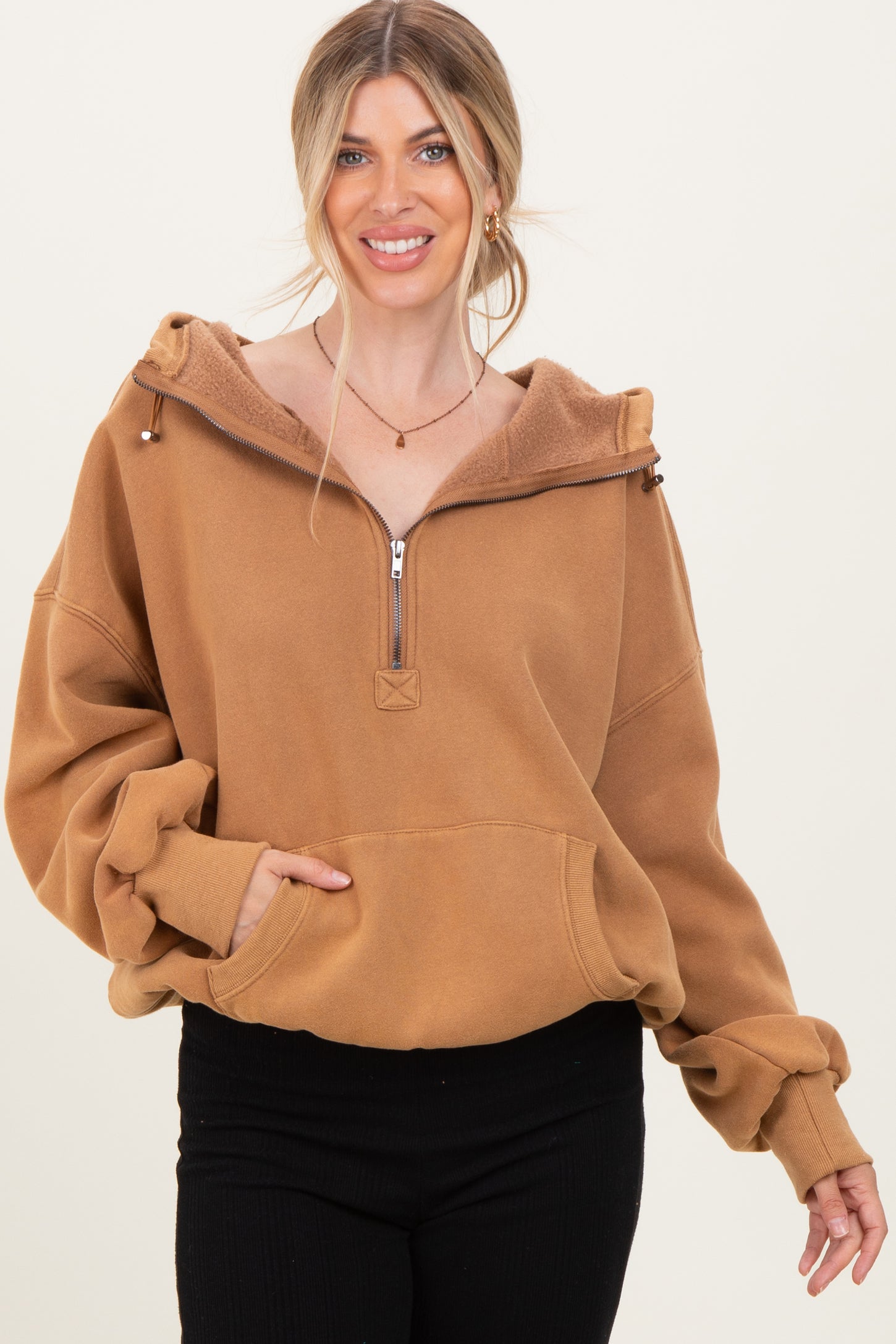 Mocha Fleece Half Zip Drop Shoulder Hoodie