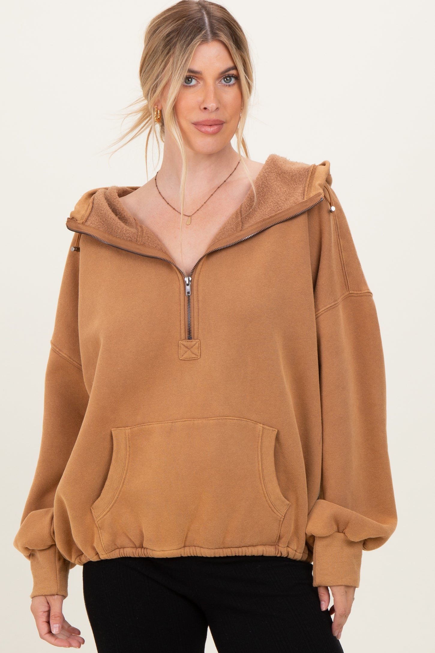 Mocha Fleece Half Zip Drop Shoulder Hoodie