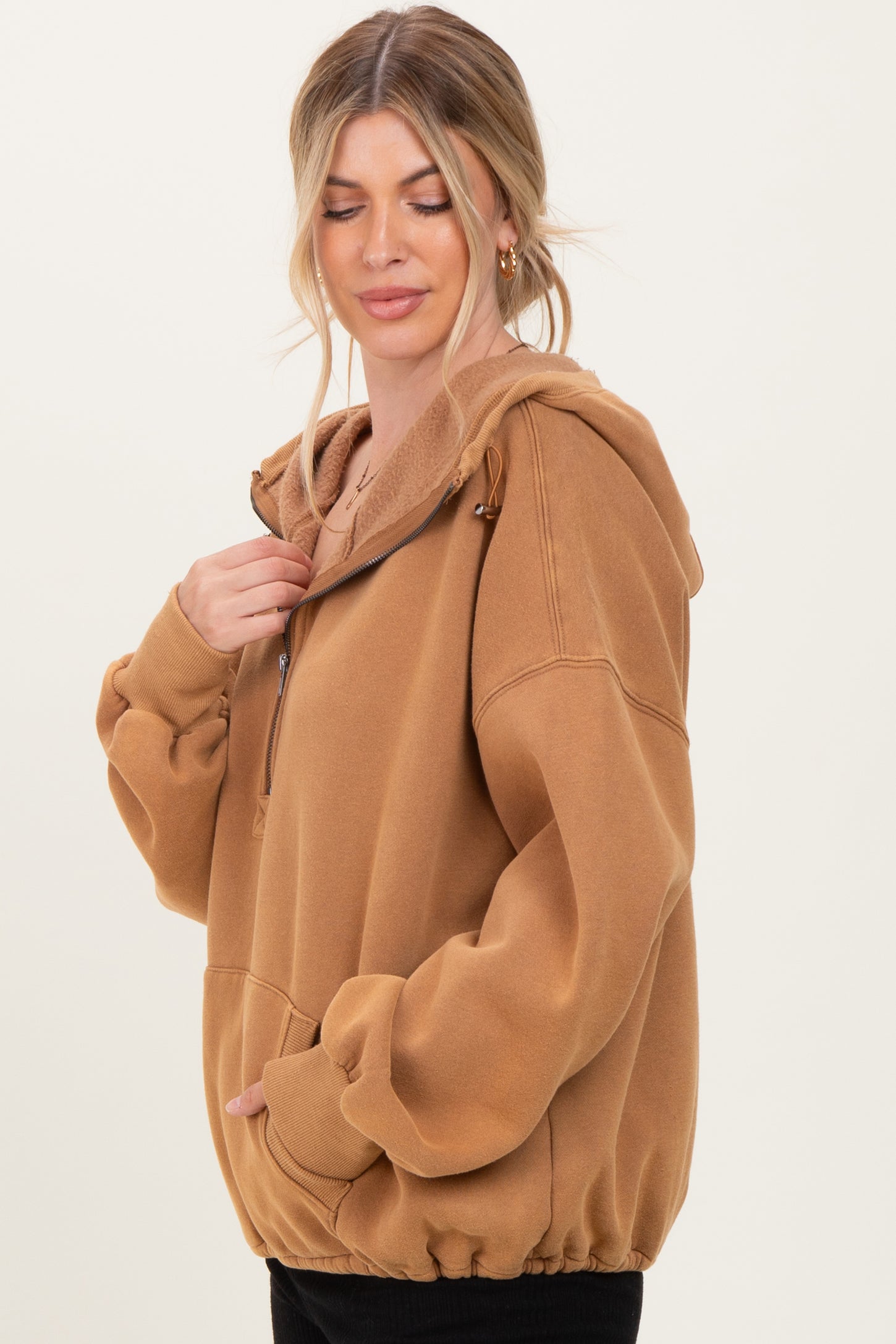 Mocha Fleece Half Zip Drop Shoulder Hoodie