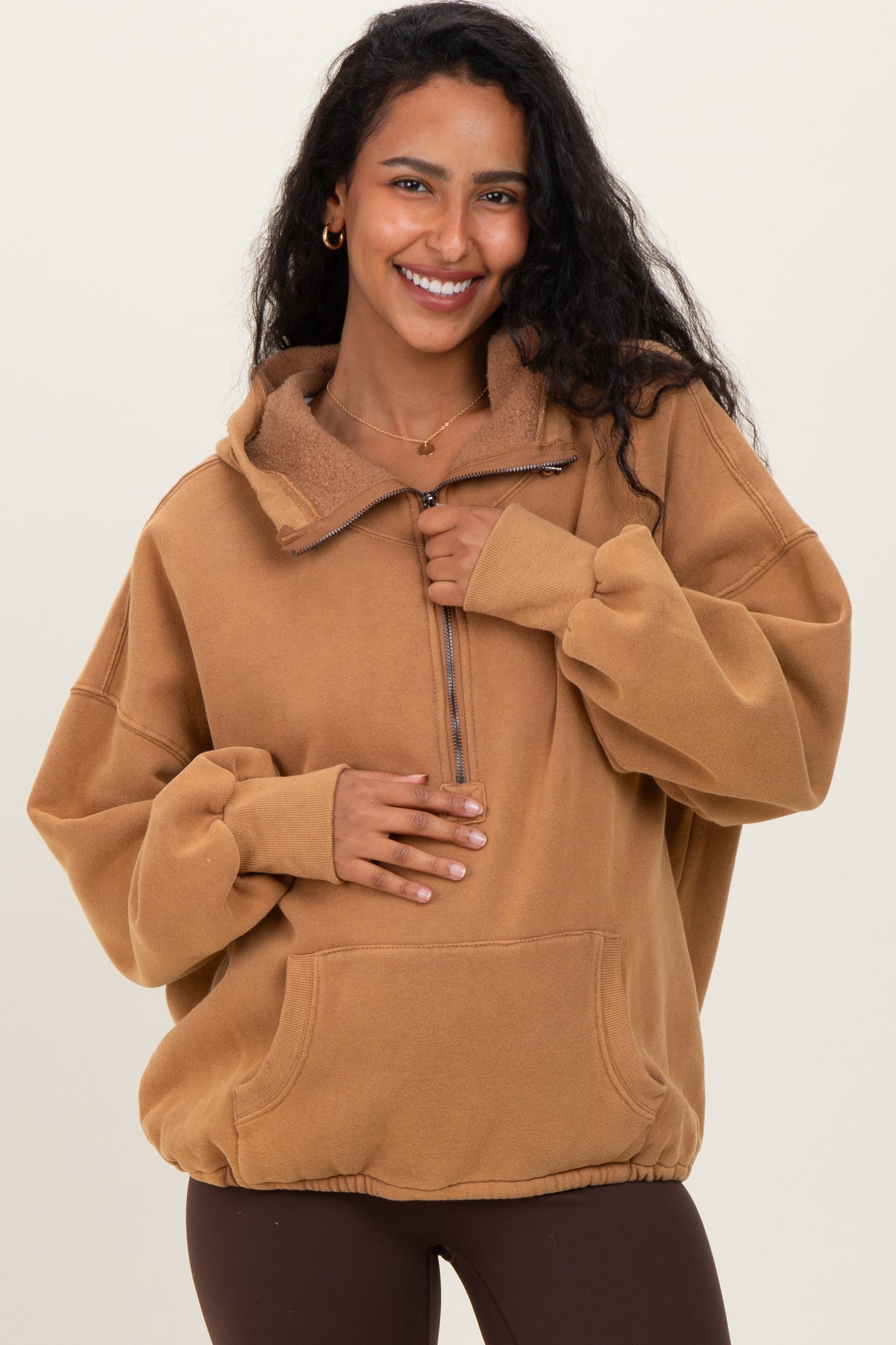 Mocha Fleece Half Zip Drop Shoulder Maternity Hoodie
