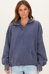 Navy Fleece Half Zip Drop Shoulder Maternity Hoodie