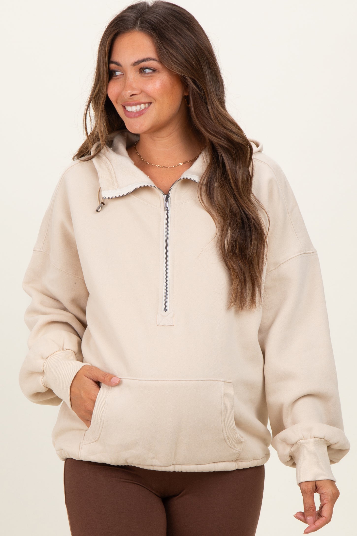 Cream Fleece Half Zip Drop Shoulder Maternity Hoodie