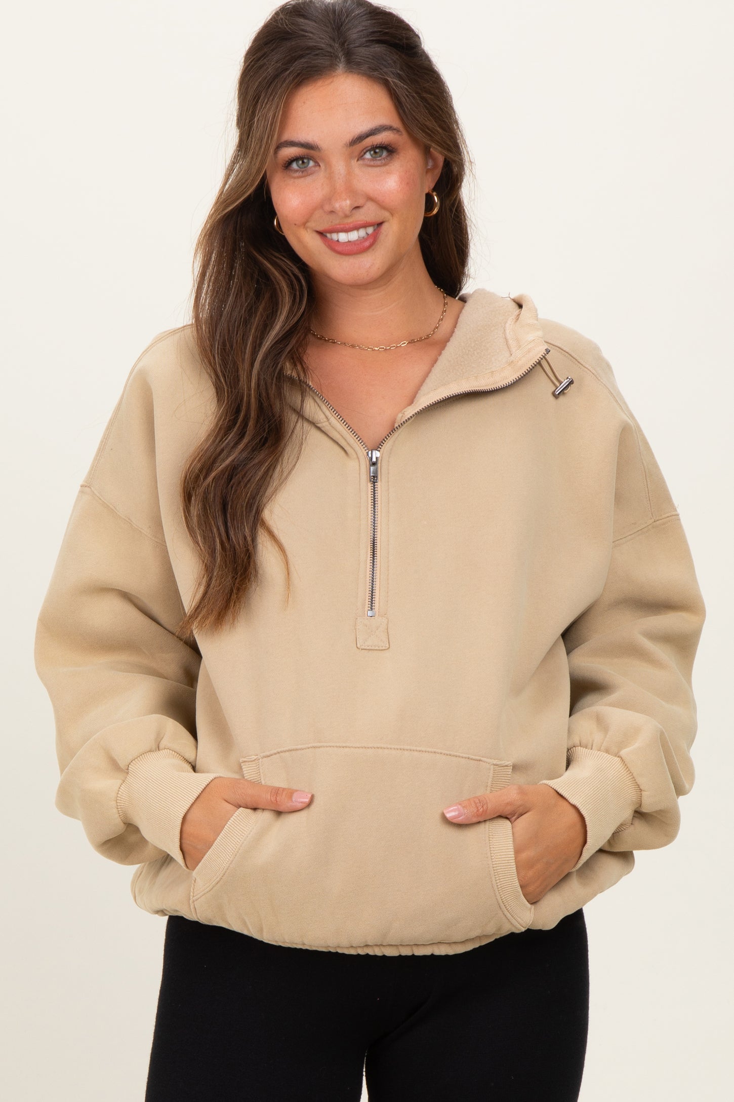 Light Taupe Fleece Half Zip Drop Shoulder Maternity Hoodie