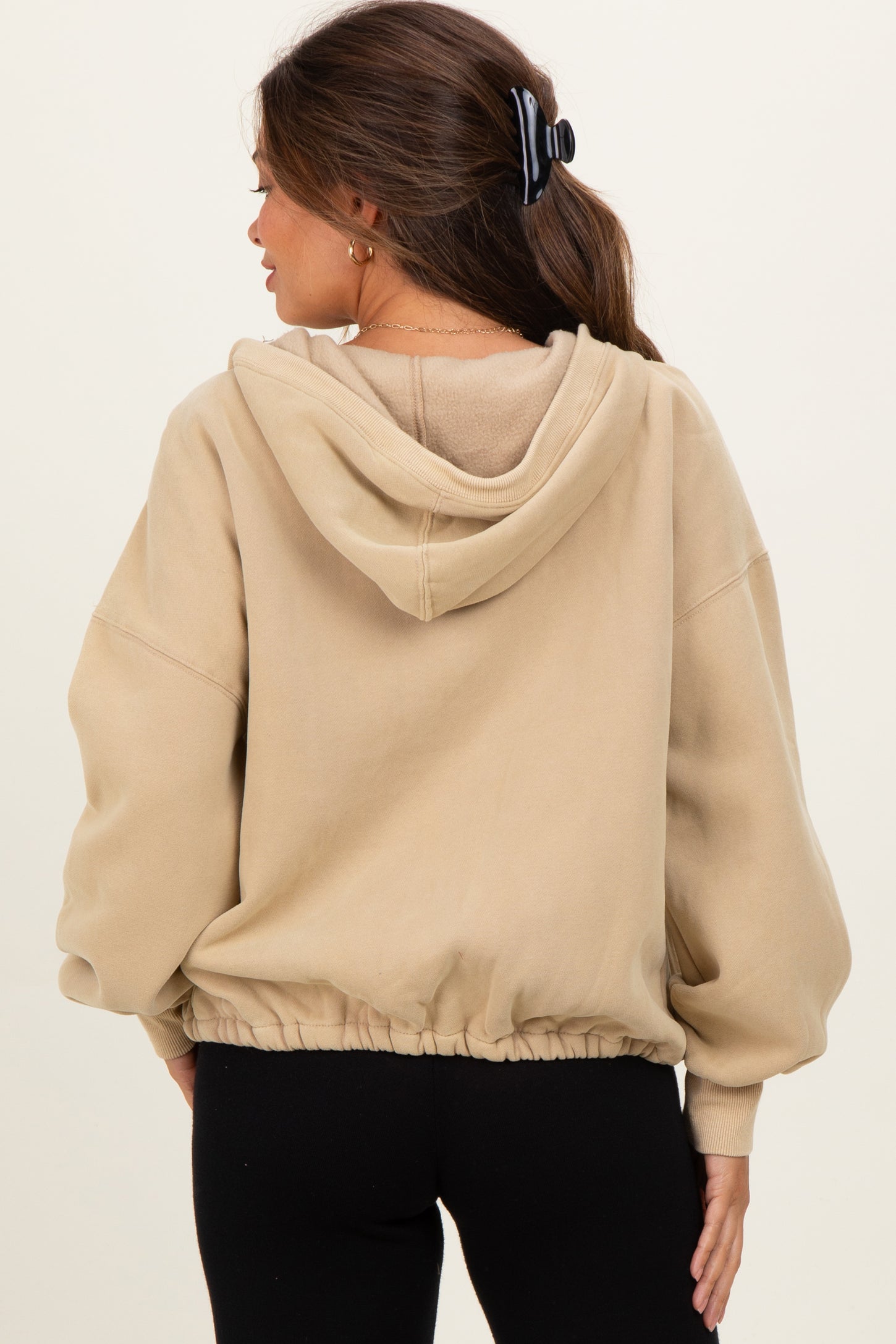Light Taupe Fleece Half Zip Drop Shoulder Maternity Hoodie