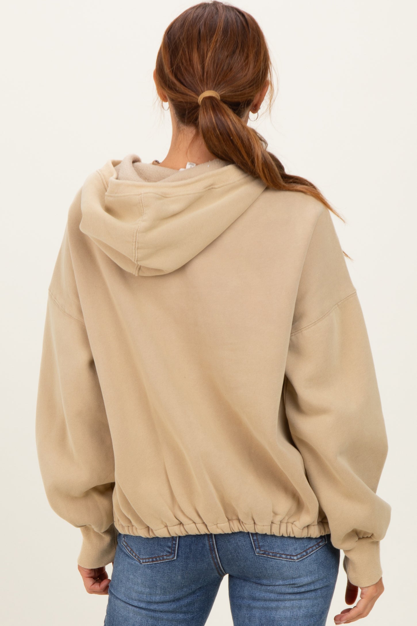 Light Taupe Fleece Half Zip Drop Shoulder Hoodie