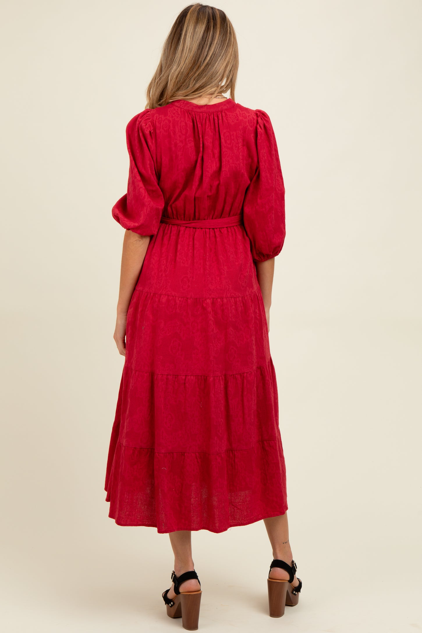 Burgundy Floral Jacquard Button Front Tiered Maternity Dress Burgundy Floral Jacquard Button Front Tiered Maternity Dress