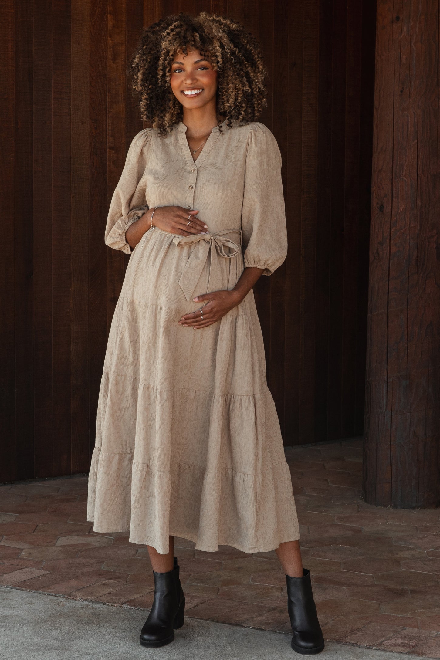 Taupe Floral Jacquard Button Front Tiered Maternity Dress – PinkBlush