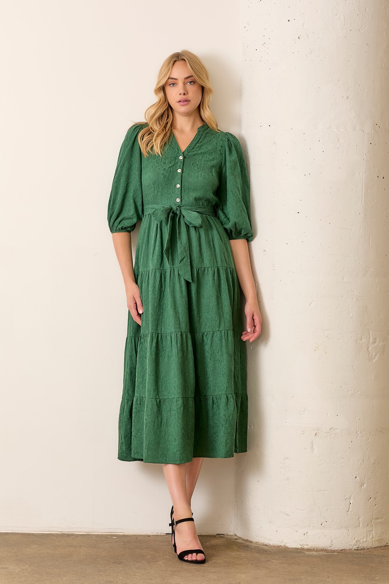 Forest Green Floral Jacquard Button Front Tiered Dress Forest Green Floral Jacquard Button Front Tiered Dress