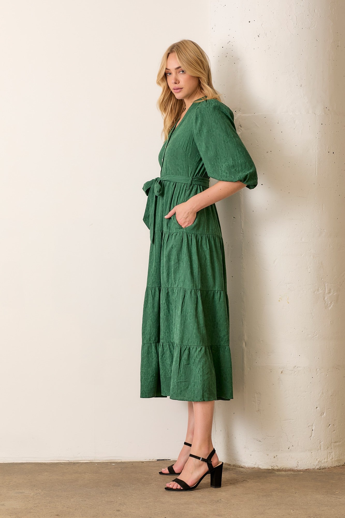 Forest Green Floral Jacquard Button Front Tiered Dress Forest Green Floral Jacquard Button Front Tiered Dress