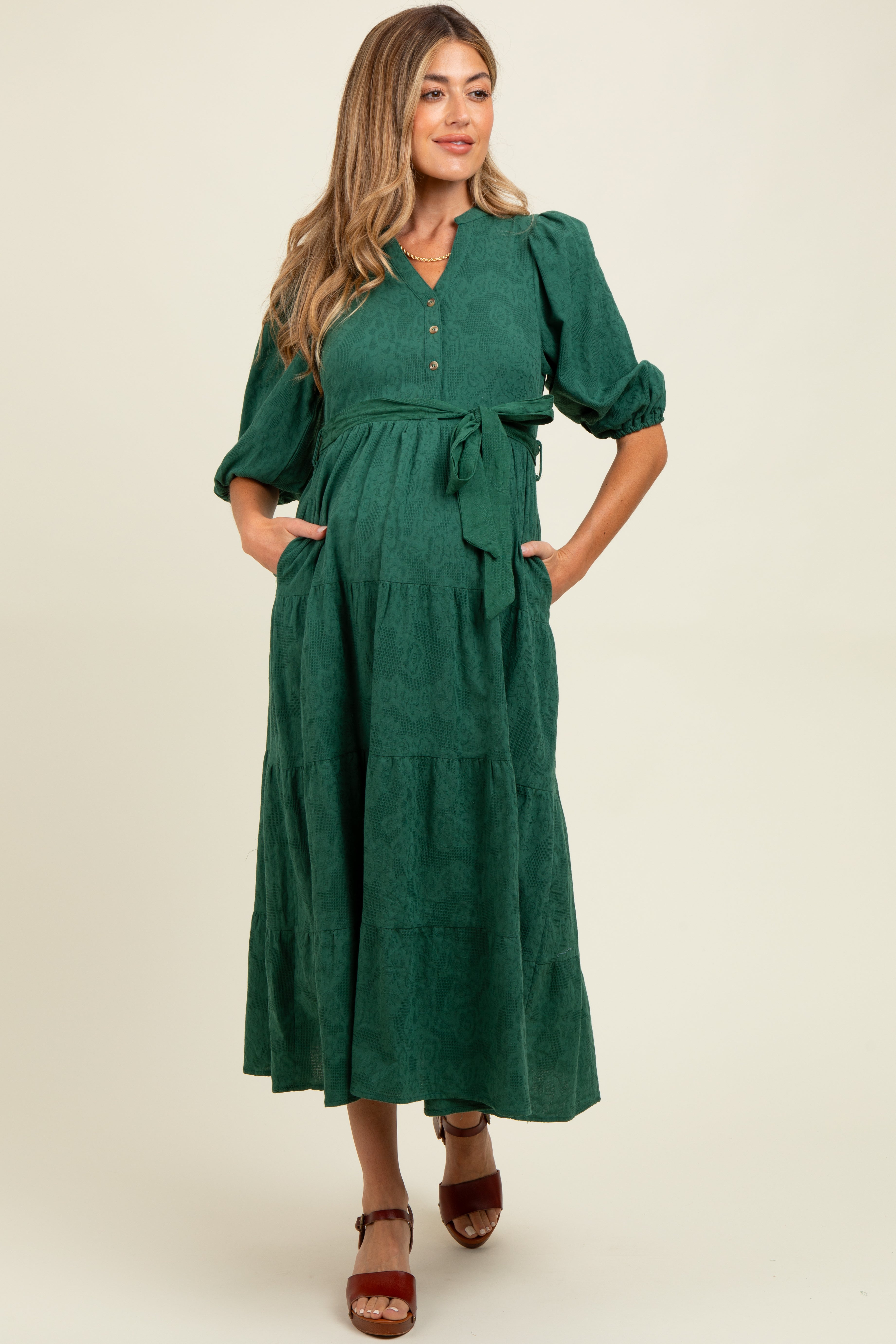 green emerald velvet dress The Genevieve Hunter Green Floral Jacquard Midi Dress - All Dresses