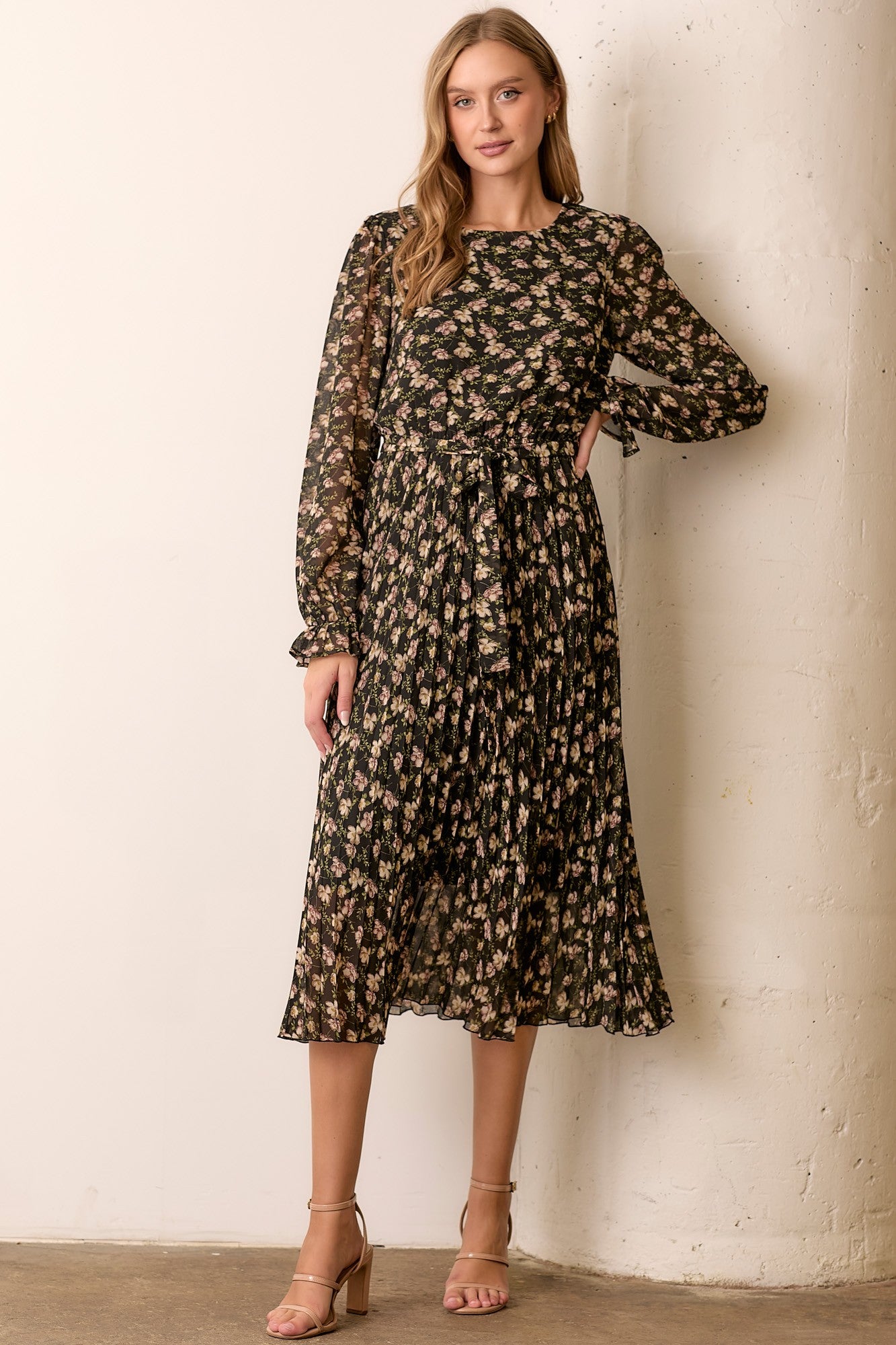Black Floral Chiffon Long Sleeve Pleated Midi Dress – PinkBlush